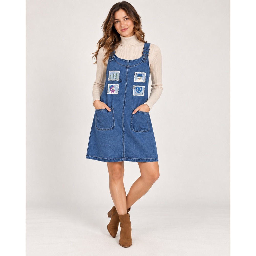Vintage Denim Jumper Dress Winter Snowman Embroidery Large
